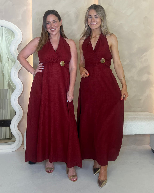Halter Dress with Brooch Detail - Burgundy