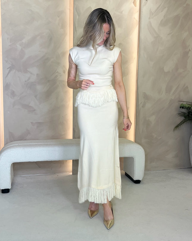Orlendina Fringe Knit Midaxi Skirt - Cream