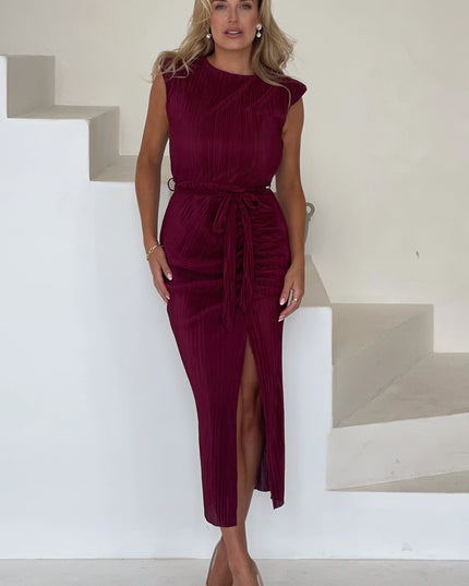 Elena Ruched Seamed Midi Dress - Wine