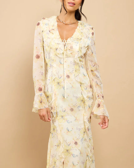 Elyse Floral Frill Midaxi Dress - Yellow