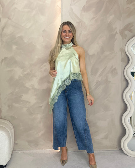 Satin Lace Halter Top - Sage