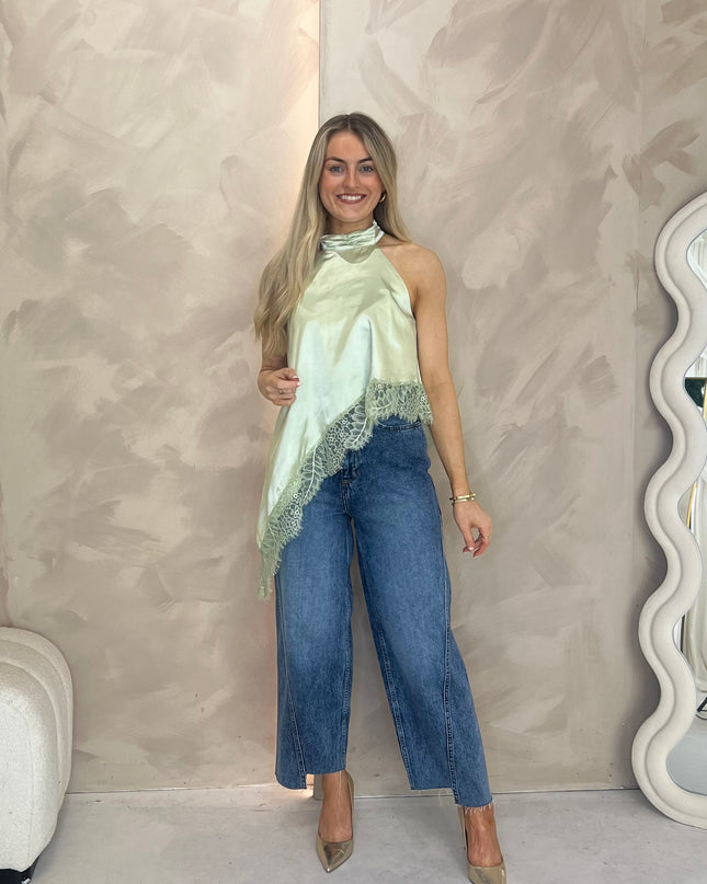 Satin Lace Halter Top - Sage