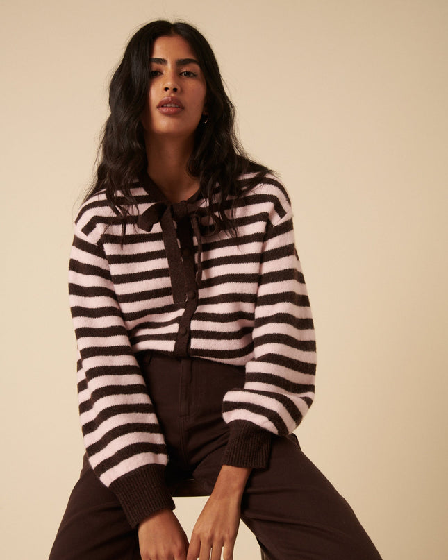 Striped Tie Neck Cardigan - Brown And Pink