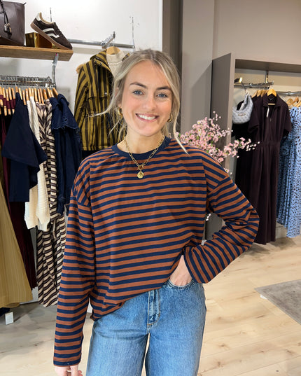 Oversized Striped Long Sleeve Top - Brown/Navy