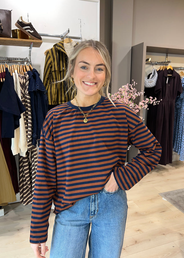 Oversized Striped Long Sleeve Top - Brown/Navy