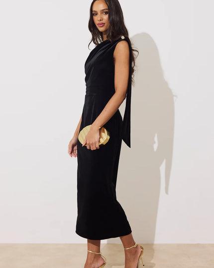 Eleni Drape Midi Dress - Black Velvet