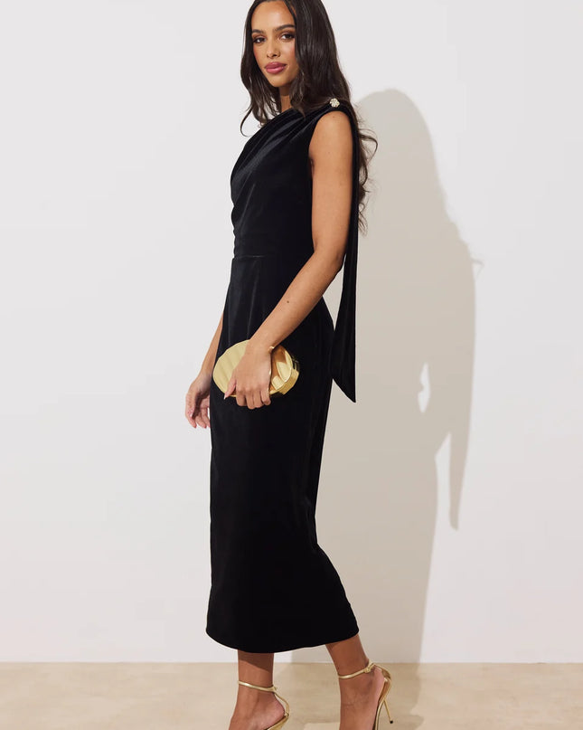 Eleni Drape Midi Dress - Black Velvet