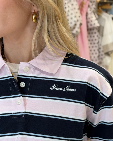 Guess Jeans Stripe Crop Polo Shirt - Navy/Pink
