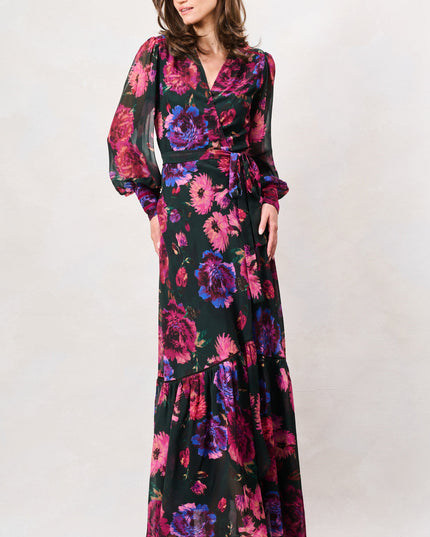 Carol Long Sleeve Wrap Dress - `Black Purple Multi