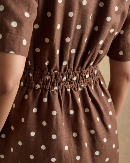 Marina Midi Linen Blend Dress - Brown Polka Dot