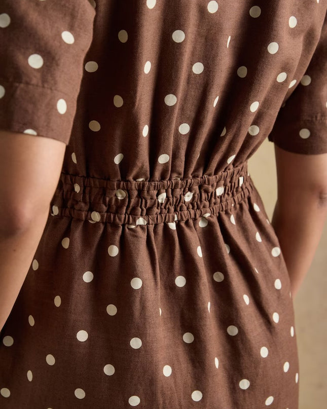 Marina Midi Linen Blend Dress - Brown Polka Dot