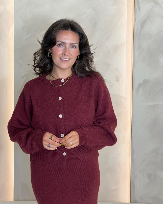 Cardigan and Midi Skirt Set - Burgundy