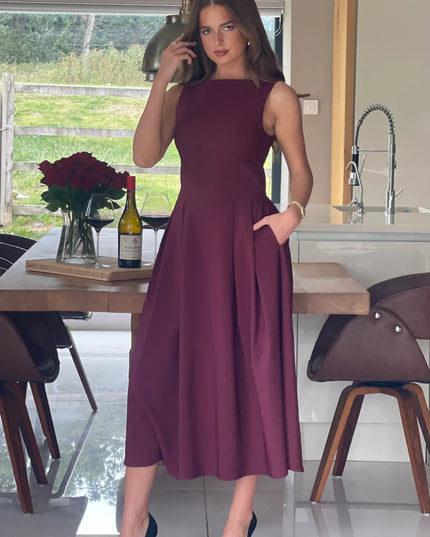Nesta Boat Neck Skater Midi Dress- Berry