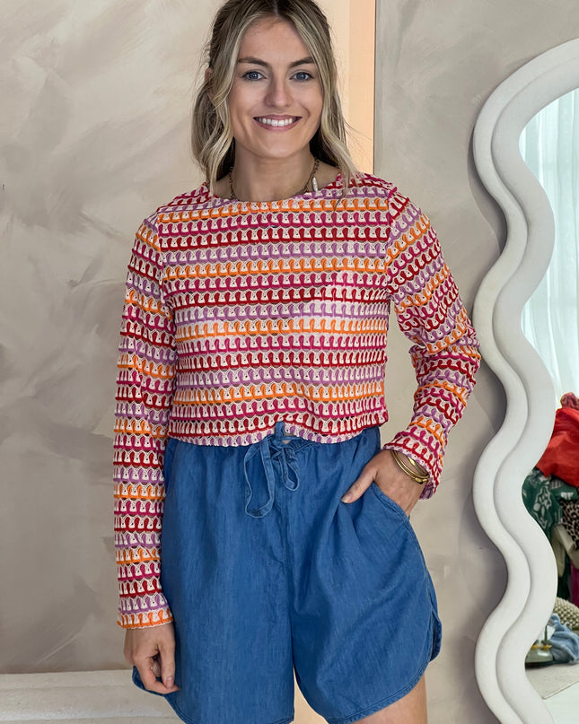 Long Sleeve Crochet Top - Pink/Orange