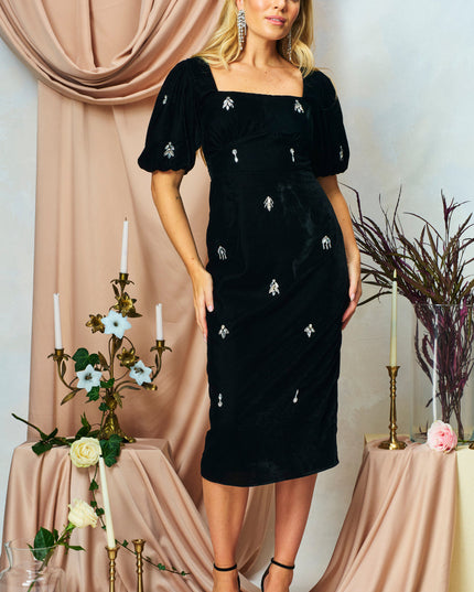 Bettina Embellished Velvet Midi Dress - Black