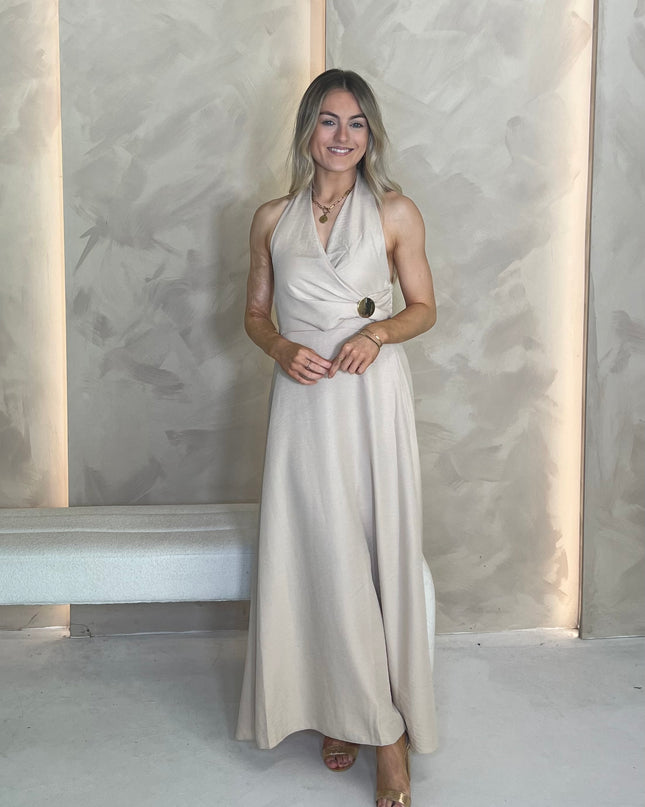 Halter Dress with Brooch Detail - Beige