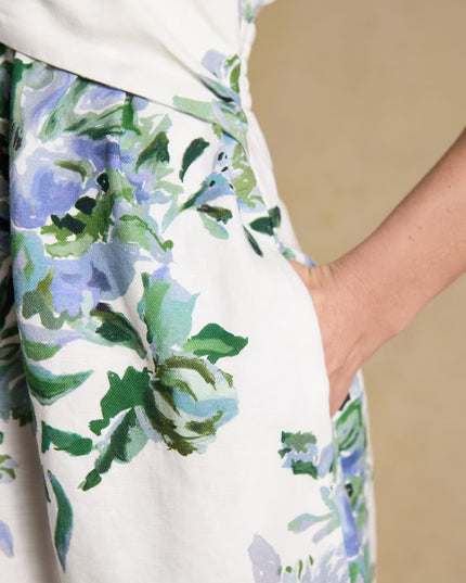 Marina Floral Midi Linen Blend Dress - White/Blue