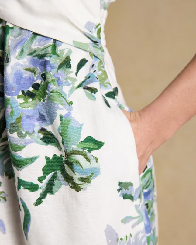 Marina Floral Midi Linen Blend Dress - White/Blue