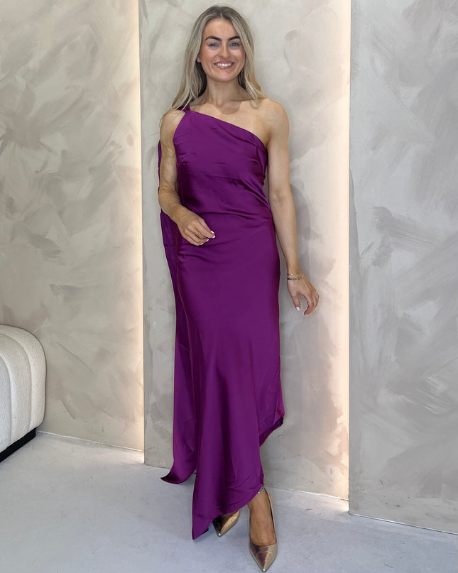 Asymmetric Midi Dress with Drape - Plum