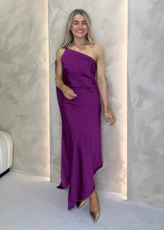 Asymmetric Midi Dress with Drape - Plum