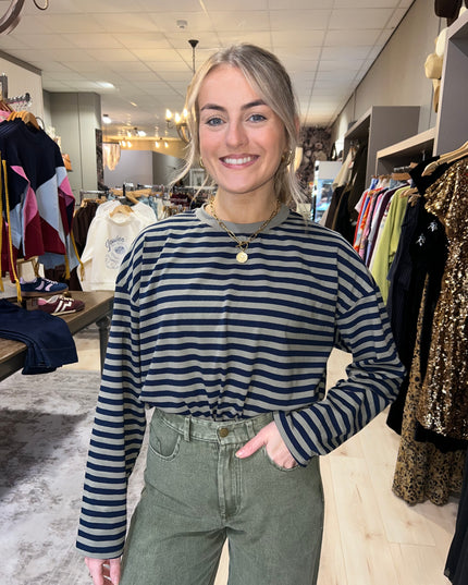 Oversized Striped Long Sleeve Top - Khaki/Navy