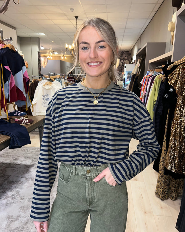 Oversized Striped Long Sleeve Top - Khaki/Navy