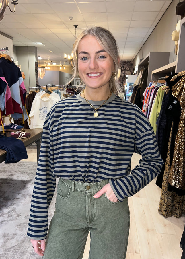 Oversized Striped Long Sleeve Top - Khaki/Navy