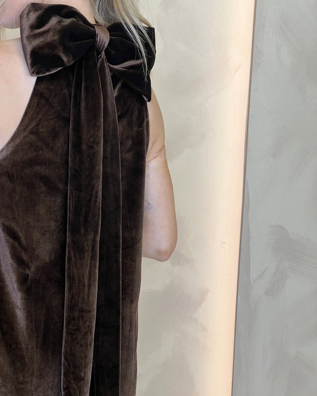 Bella Bow Velvet Mini Dress - Brown