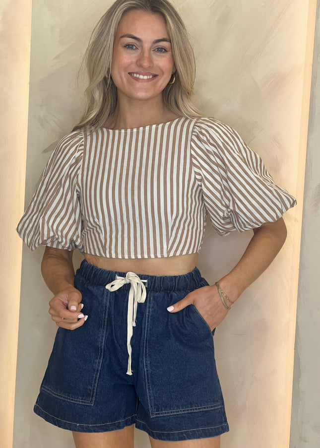 Bow Stripe Top - Beige/Cream