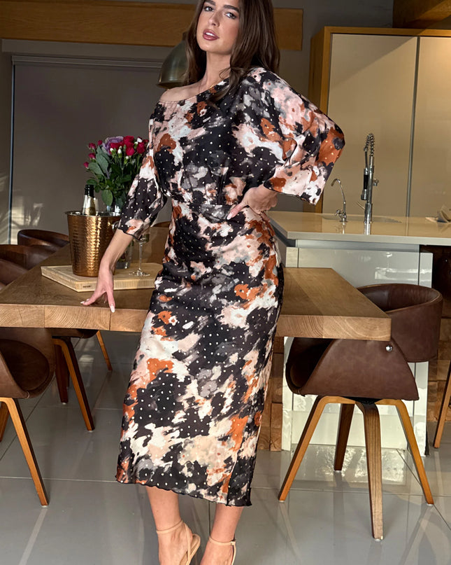 Leila Off the Shoulder Foiled Print Maxi - Brown