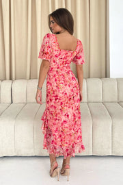 Heidi Floral Burnout Ruched Midi Dress - Pink