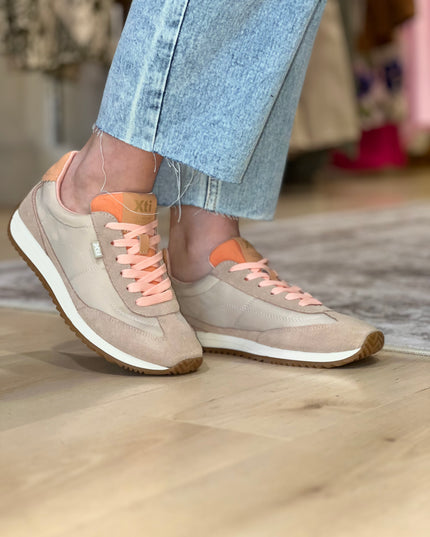 Mixed Textile Sneaker - Beige/Coral