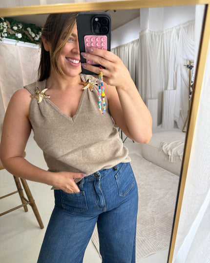 Starfish Brooch Knit Top - Taupe