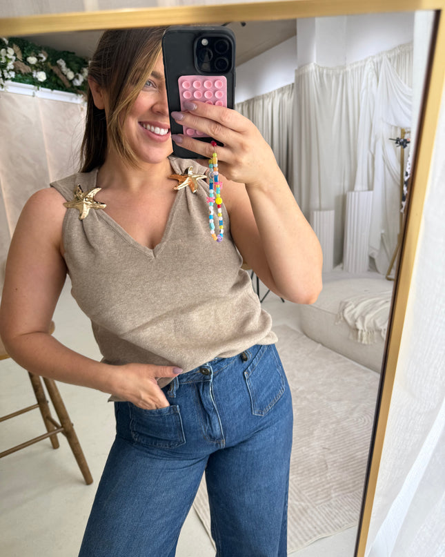 Starfish Brooch Knit Top - Taupe