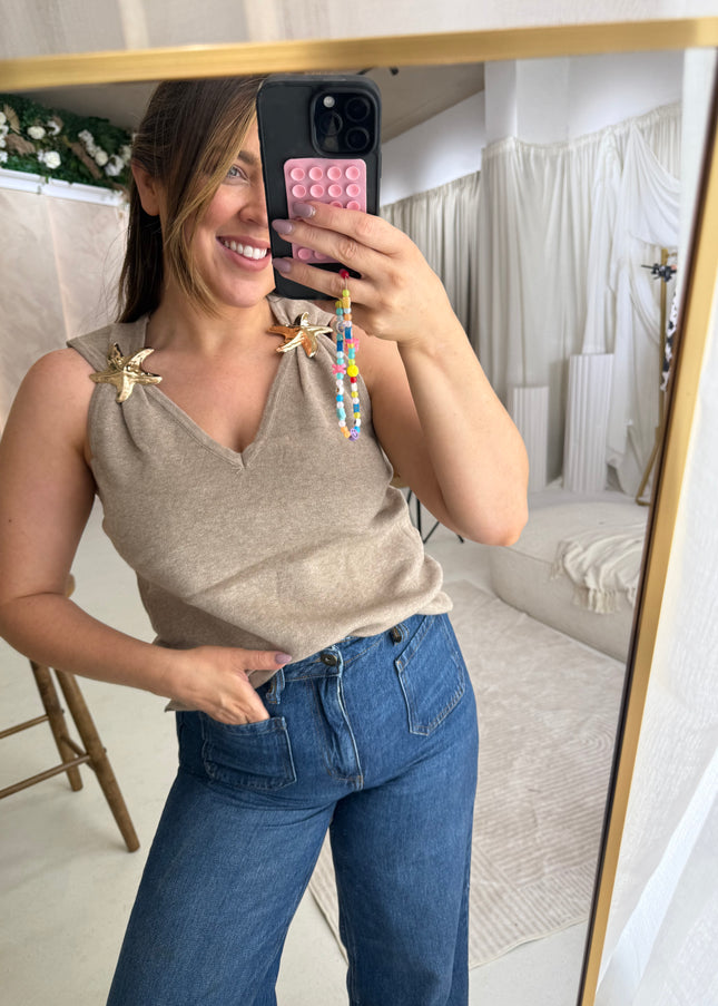 Starfish Brooch Knit Top - Taupe