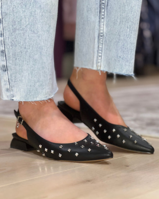 Stud Pointy Slingback - Black
