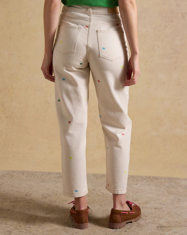 Embroidered High-Waisted Barrel Fit Jeans - Cream
