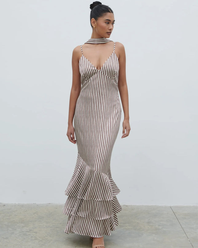 Serita V Neck Tiered Maxi Dress - Brown and Cream Stripe
