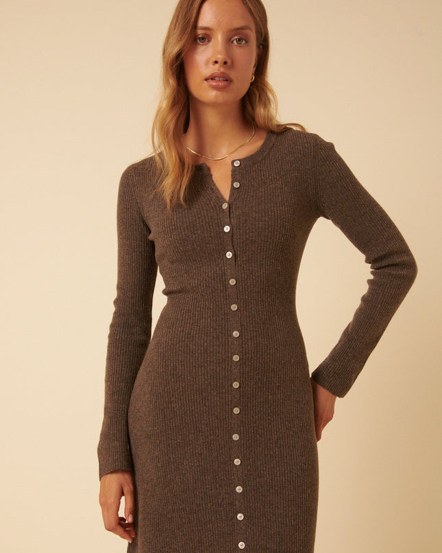 Brown Ribbed Knitted Midi Dress