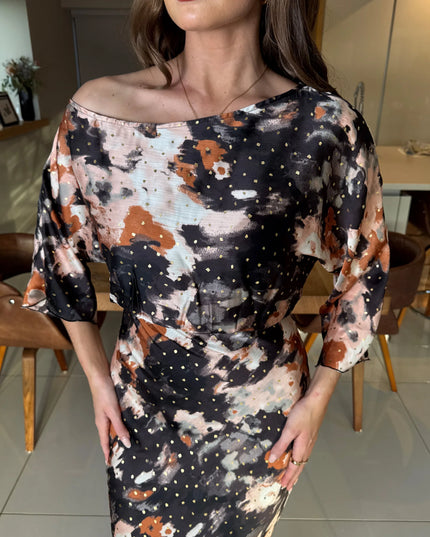 Leila Off the Shoulder Foiled Print Maxi - Brown