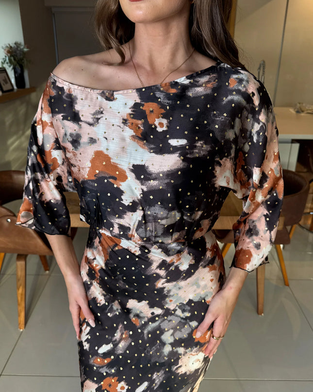 Leila Off the Shoulder Foiled Print Maxi - Brown