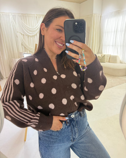 Polka Dot Full Zip Knit - Brown/Pink