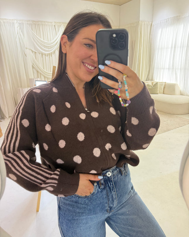 Polka Dot Full Zip Knit - Brown/Pink