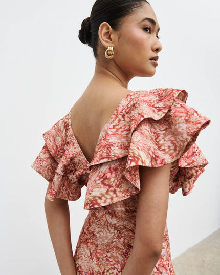 Alani V Neck Ruffle Maxi Dress - Berry Multi Abstract