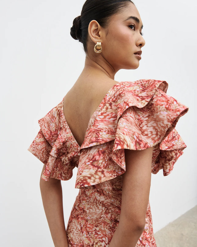 Alani V Neck Ruffle Maxi Dress - Berry Multi Abstract