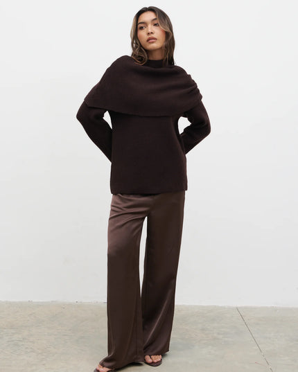 Tarla Exaggerated Drape Knit Jumper - Chocolate
