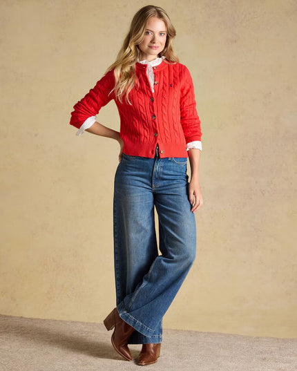 Joules Cable Knit Button Up Cardigan - Red