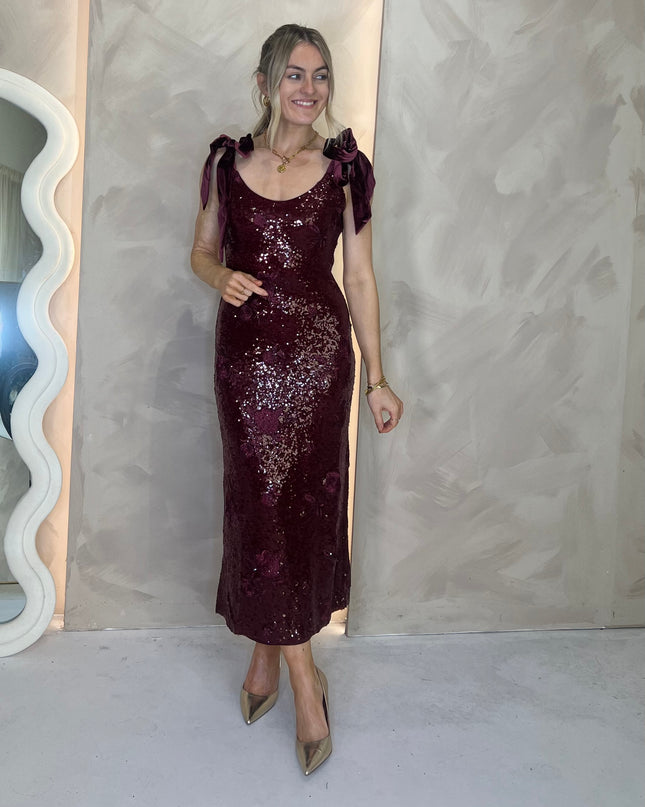Romy Tie Sequin Midaxi Dress - Wine Floral Sequin