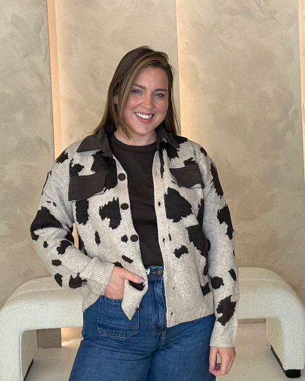 Cow Print Collar Cardigan - Brown/Cream