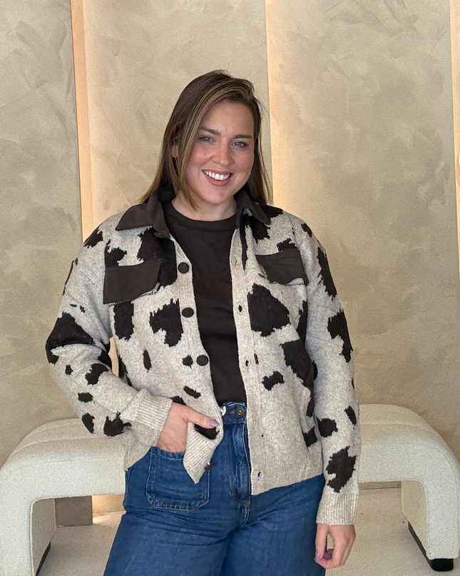 Cow Print Collar Cardigan - Brown/Cream